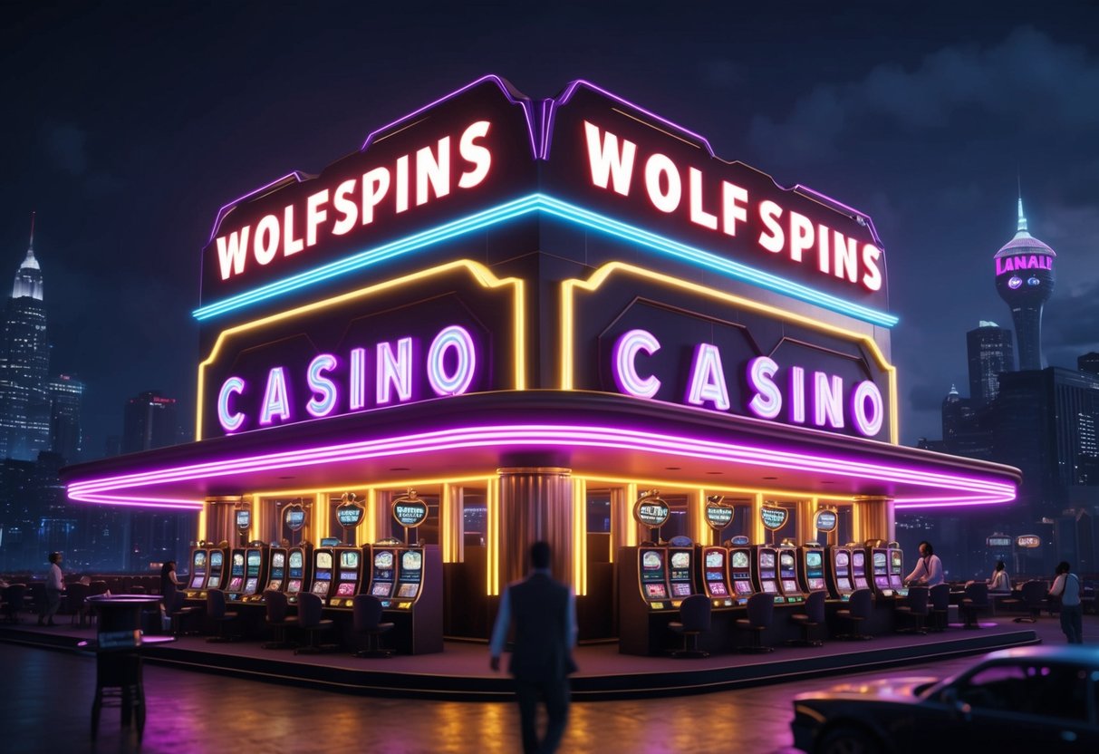 The neon-lit WolfSpins Casino glows against a dark city skyline, with slot machines and card tables bustling inside