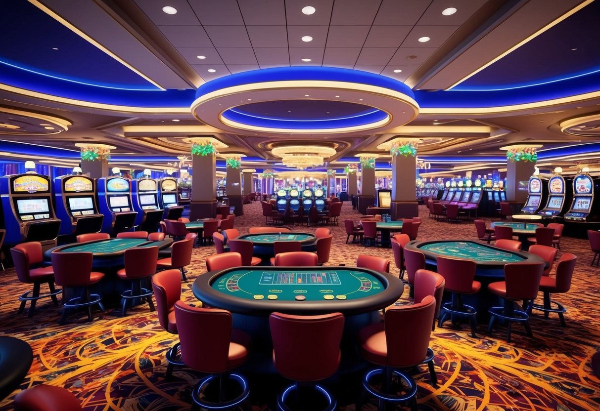 A bustling casino floor with slot machines, card tables, and a lively atmosphere. Bright lights and colorful decorations adorn the space