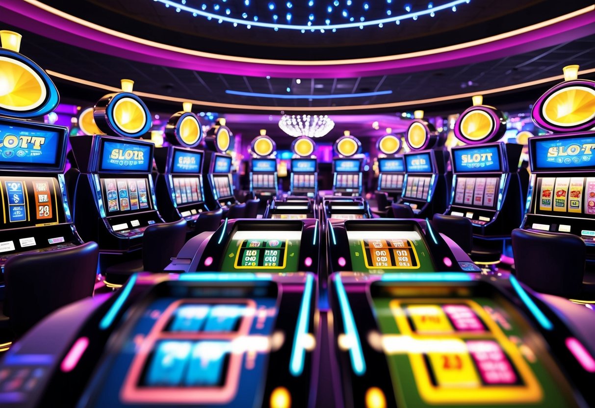 Colorful slot machines spin in a vibrant casino, surrounded by flashing lights and a lively atmosphere. The room is filled with excitement and anticipation