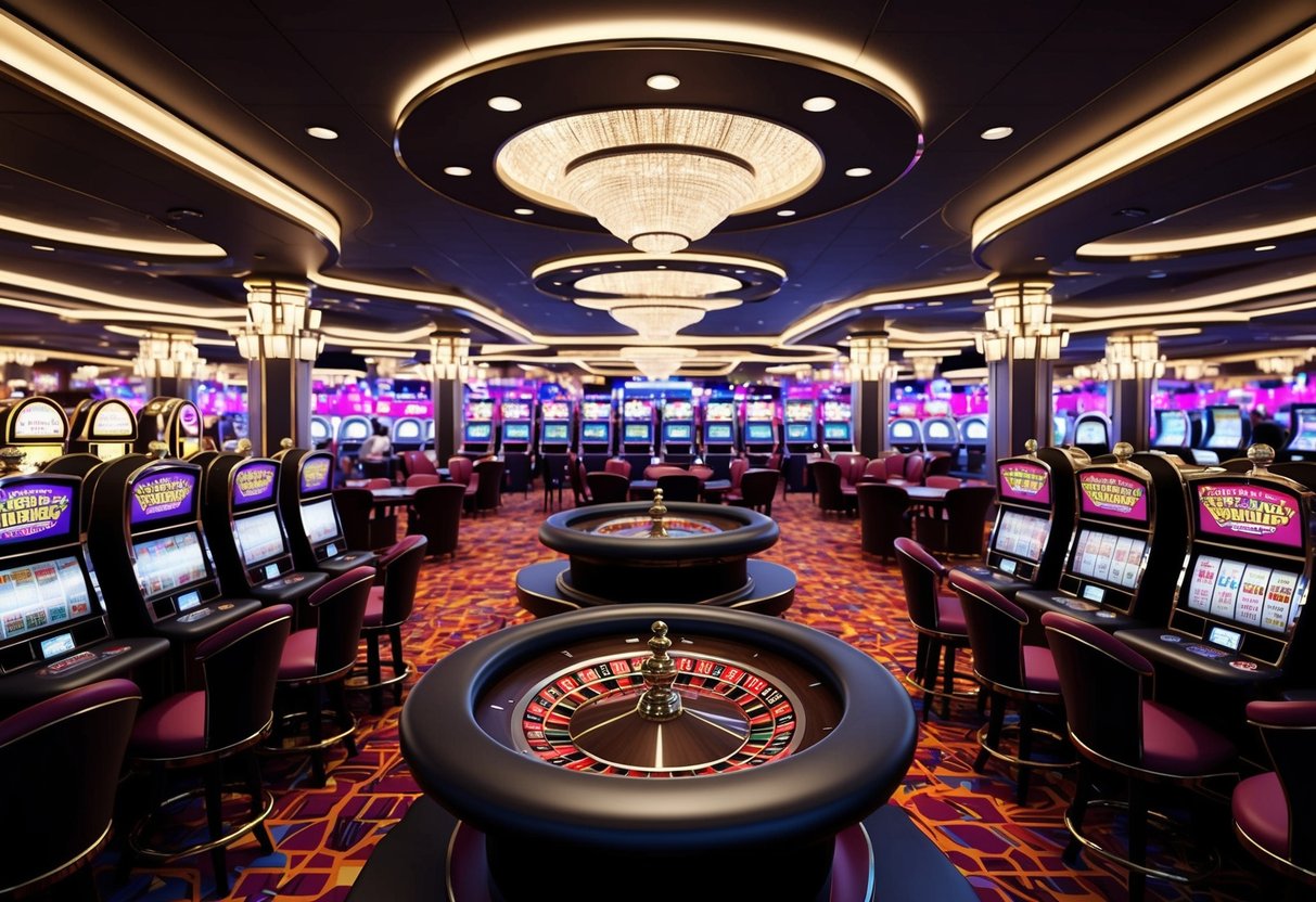 A bustling casino floor with slot machines, card tables, and a roulette wheel, surrounded by flashy lights and vibrant colors