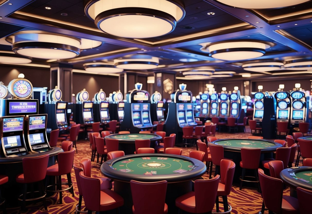 A vibrant casino floor with flashing slot machines and bustling card tables. The atmosphere is filled with excitement and anticipation