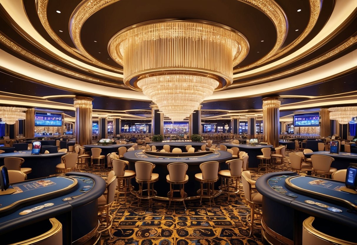 A grand casino with golden decor and luxurious furnishings. Bright lights and a bustling atmosphere fill the space