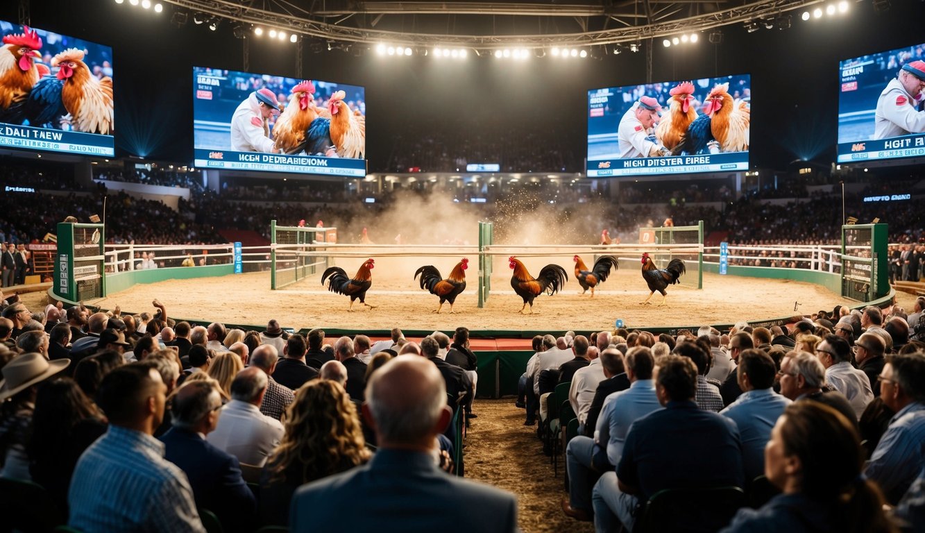 Sebuah arena yang ramai dengan ayam jantan bertarung, dikelilingi oleh kerumunan, dengan siaran langsung berkualitas tinggi yang terlihat di layar besar