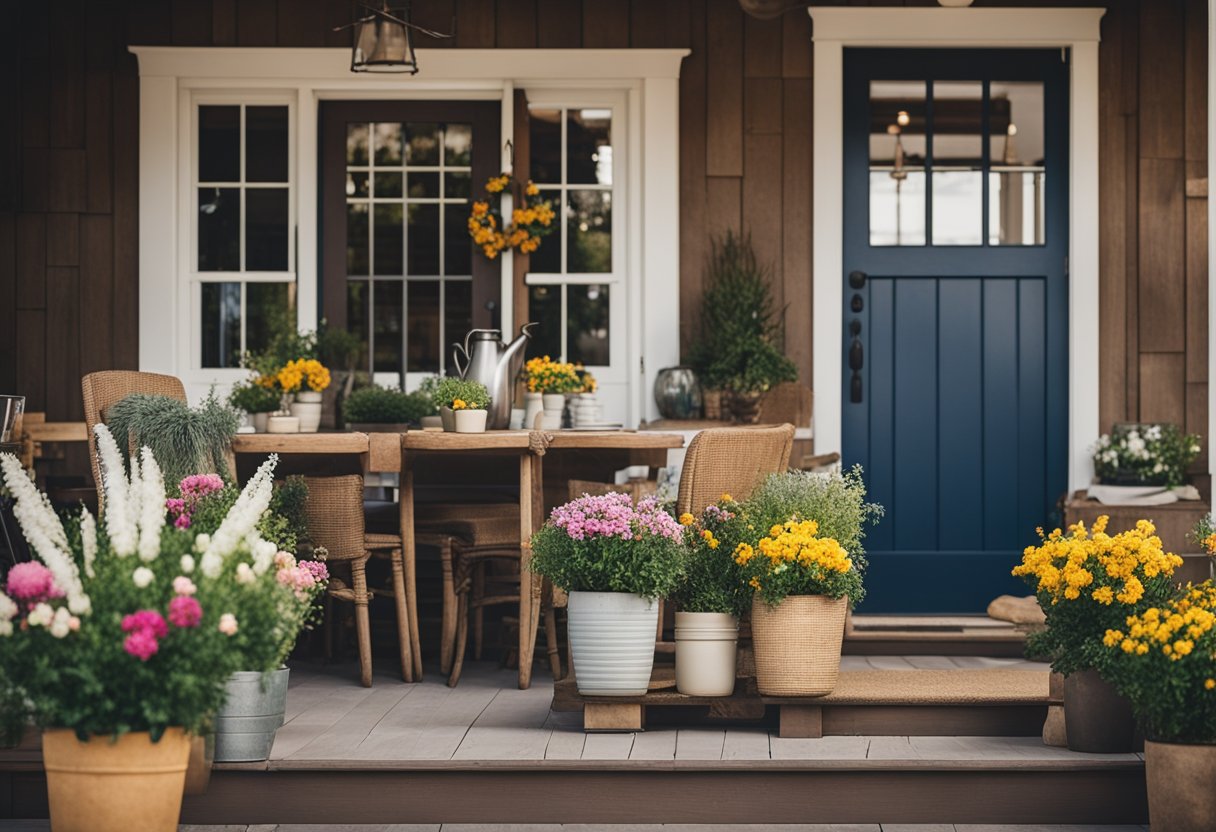 A farmhouse with a variety of front doors, including wooden, glass, and metal, surrounded by a rustic porch and colorful flower pots