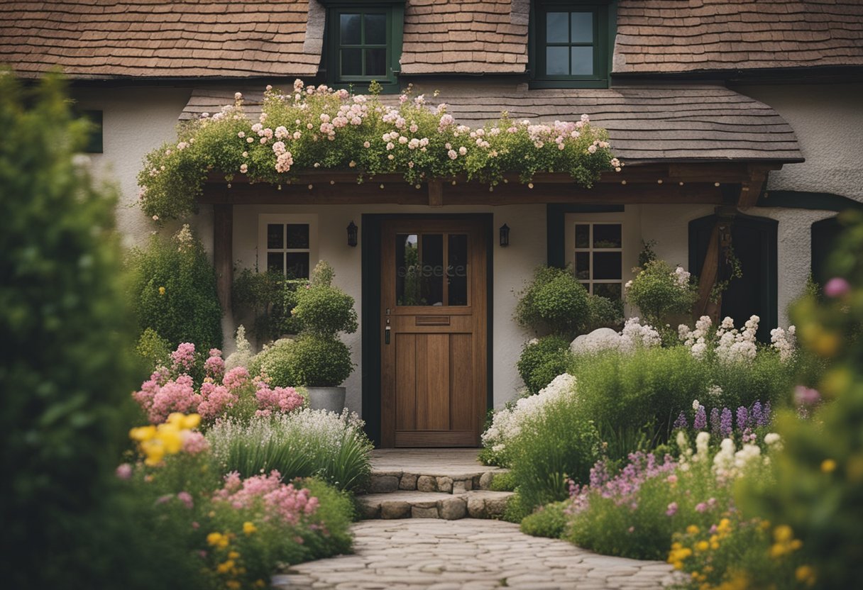 A rustic farmhouse entrance with a wooden front door, surrounded by blooming flower beds and a winding stone pathway