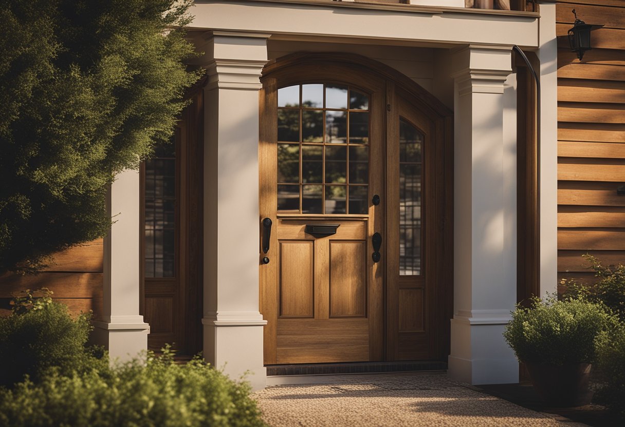 The farmhouse front door is bathed in warm sidelight, casting a soft glow on the weathered wood and enhancing the rustic charm of the entrance