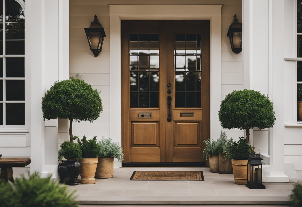 A farmhouse front door with a transom window above, framed by rustic wood and flanked by potted plants
