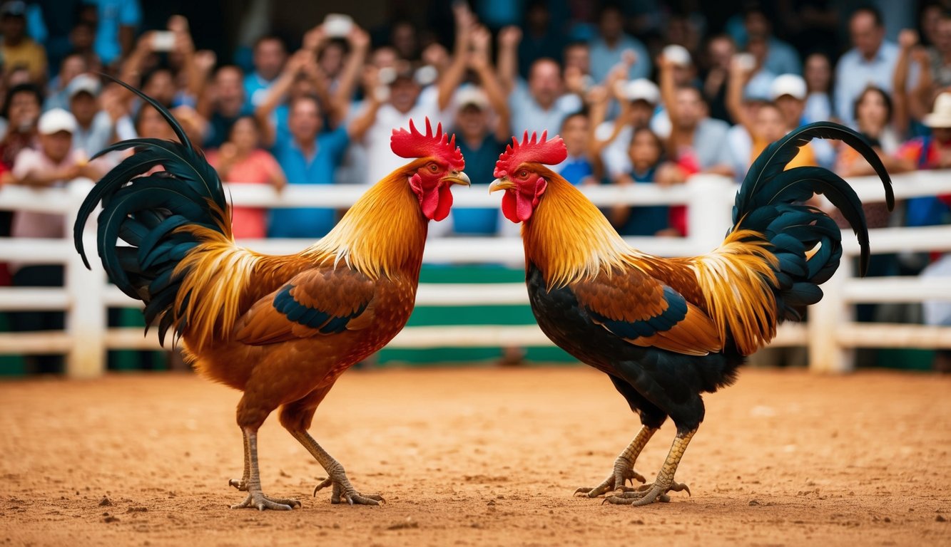 Dua ayam jantan berhadapan di arena sabung ayam tradisional, dikelilingi oleh kerumunan penonton yang bersorak-sorai menyaksikan pertarungan yang sengit