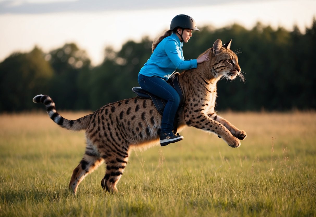 A person standing on the back of a bobcat, attempting to ride it like a horse