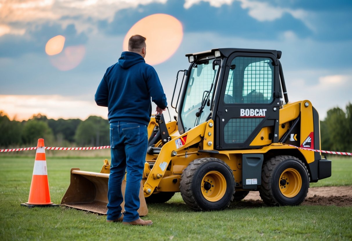A person standing too close to a bobcat as it operates, ignoring the safety perimeter