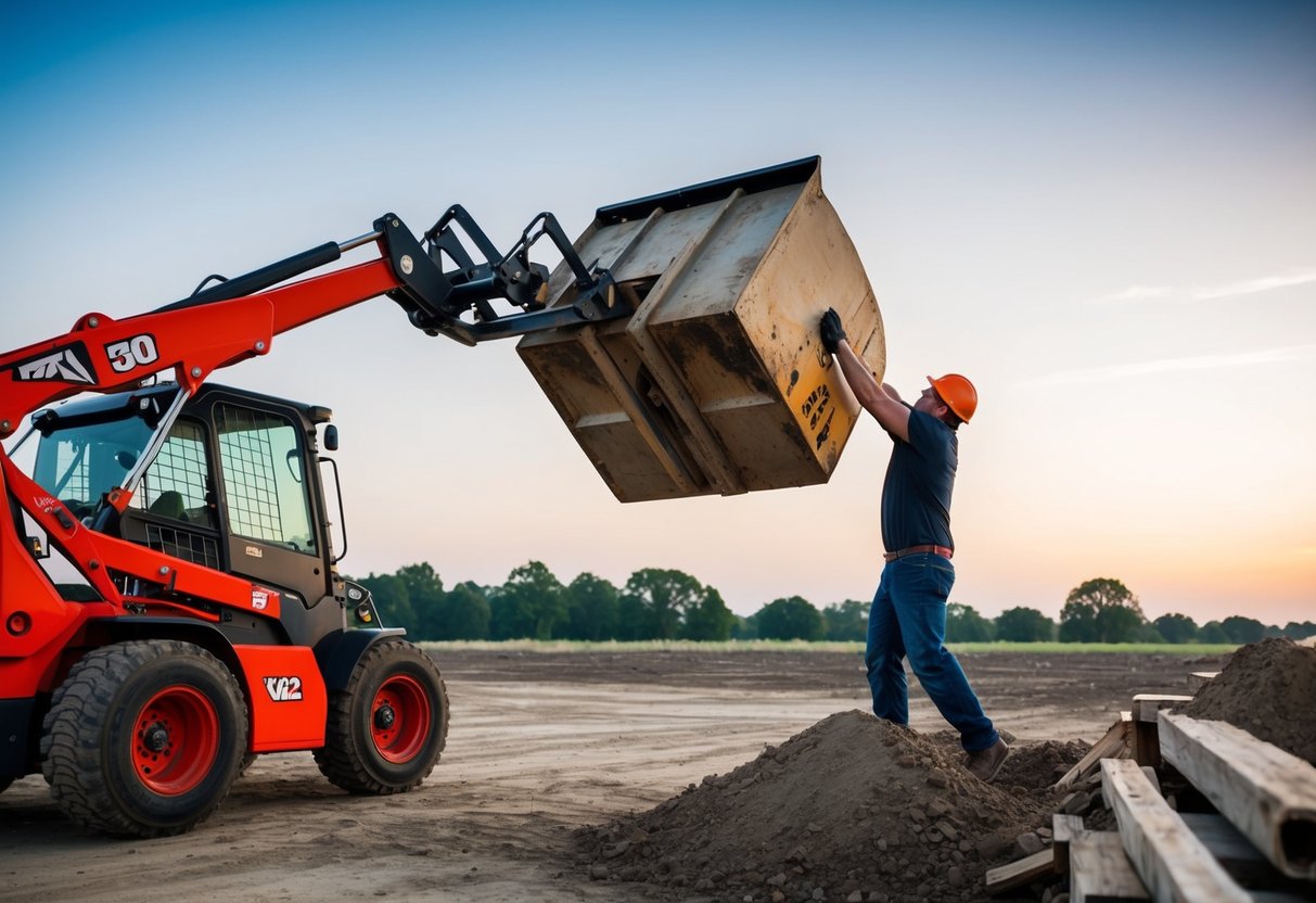 A person attempting to lift a heavy load with the bobcat's bucket raised too high, causing the machine to tip forward