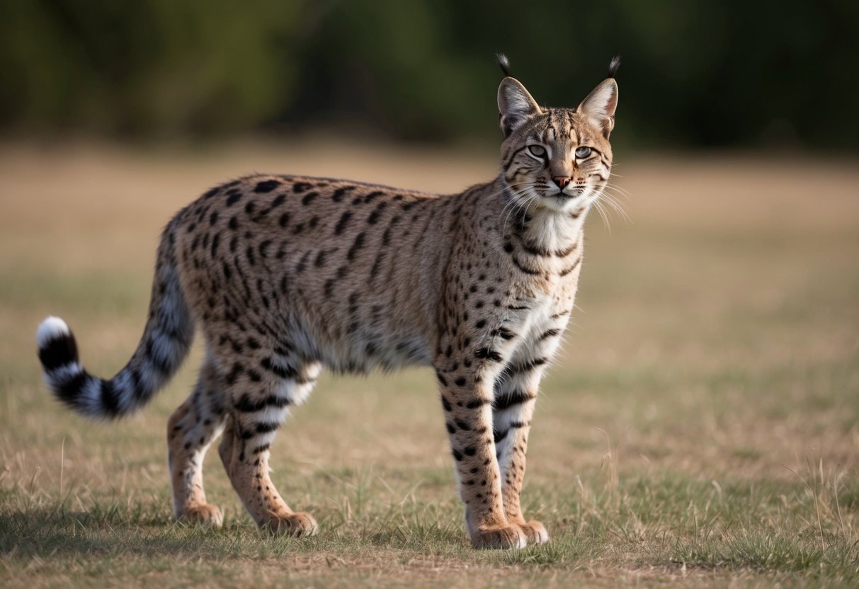 A bobcat stands taller than a medium-sized dog, with a lean and muscular body, tufted ears, and a short tail