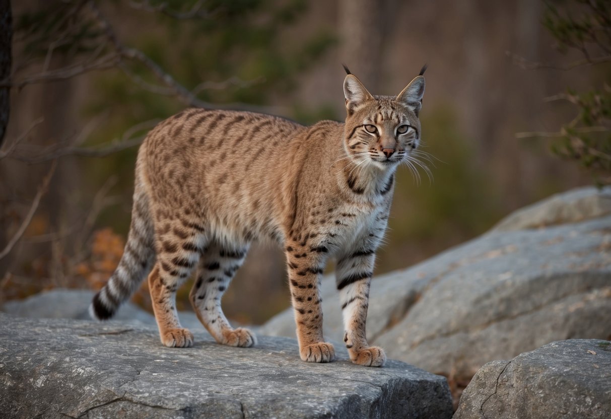 A bobcat stands taller than a medium-sized dog, with a lean and muscular build. It is spotted in a rocky, wooded habitat, blending into its surroundings