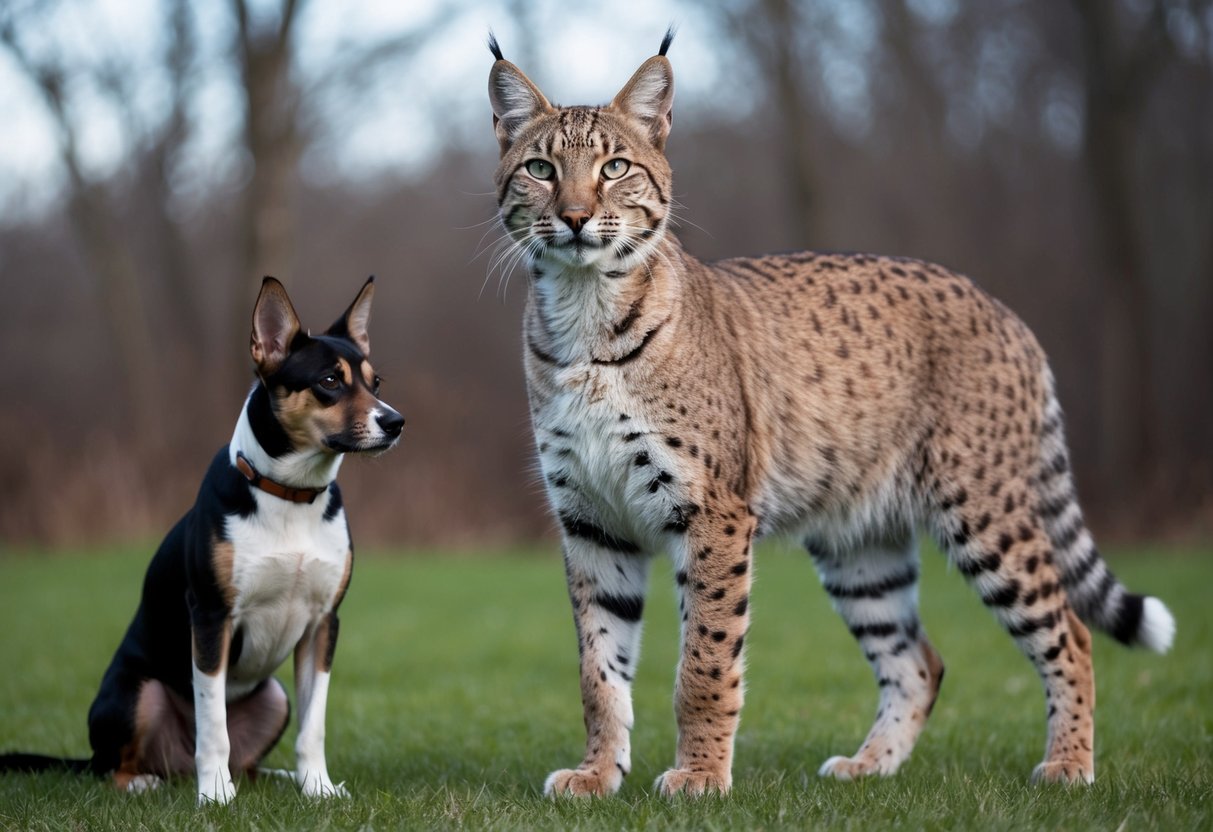 A bobcat stands taller than a medium-sized dog, with a sleek, muscular body and tufted ears, while the dog appears smaller and more domesticated