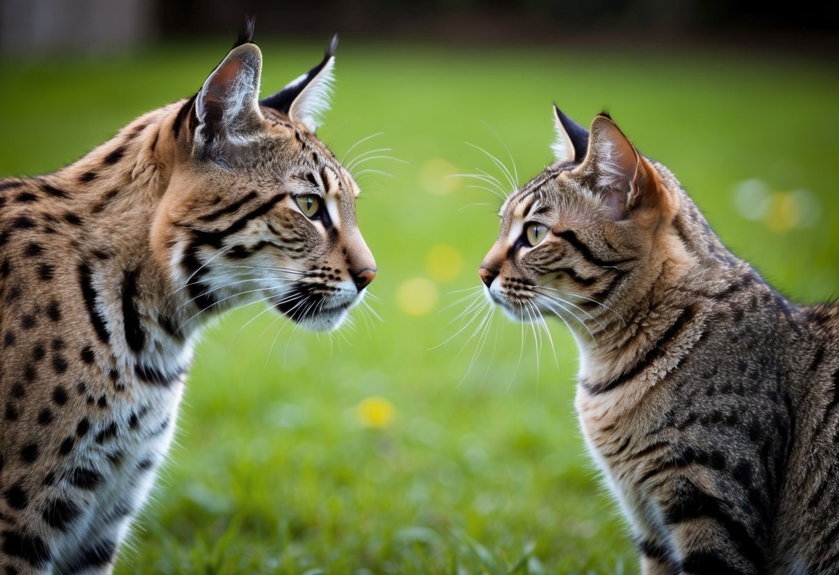 A bobcat and a house cat face each other, comparing their sizes and features in a grassy backyard setting