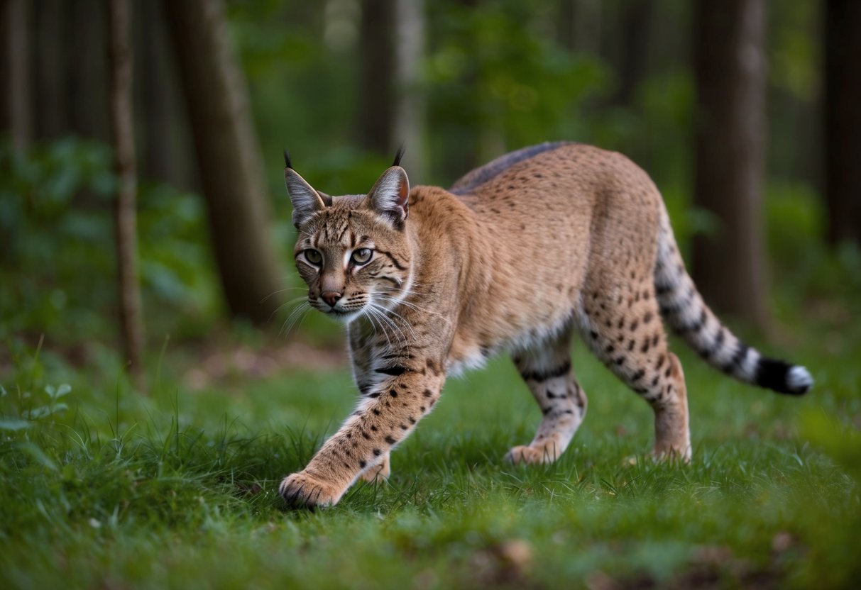A bobcat prowls through a dense forest, its sharp eyes scanning for prey. It moves stealthily, blending into its natural habitat with ease