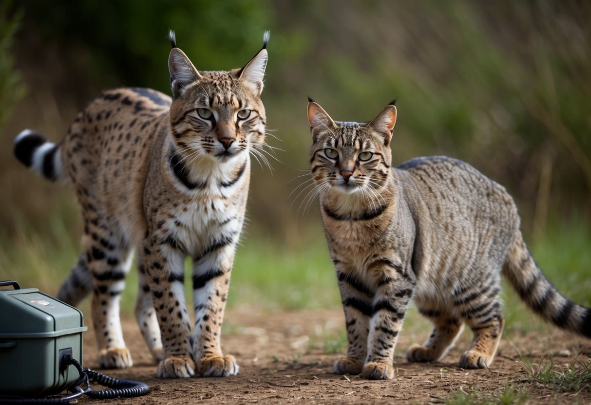 A bobcat and a house cat stand side by side, both with alert expressions, in a natural outdoor setting. Tracking equipment is visible nearby
