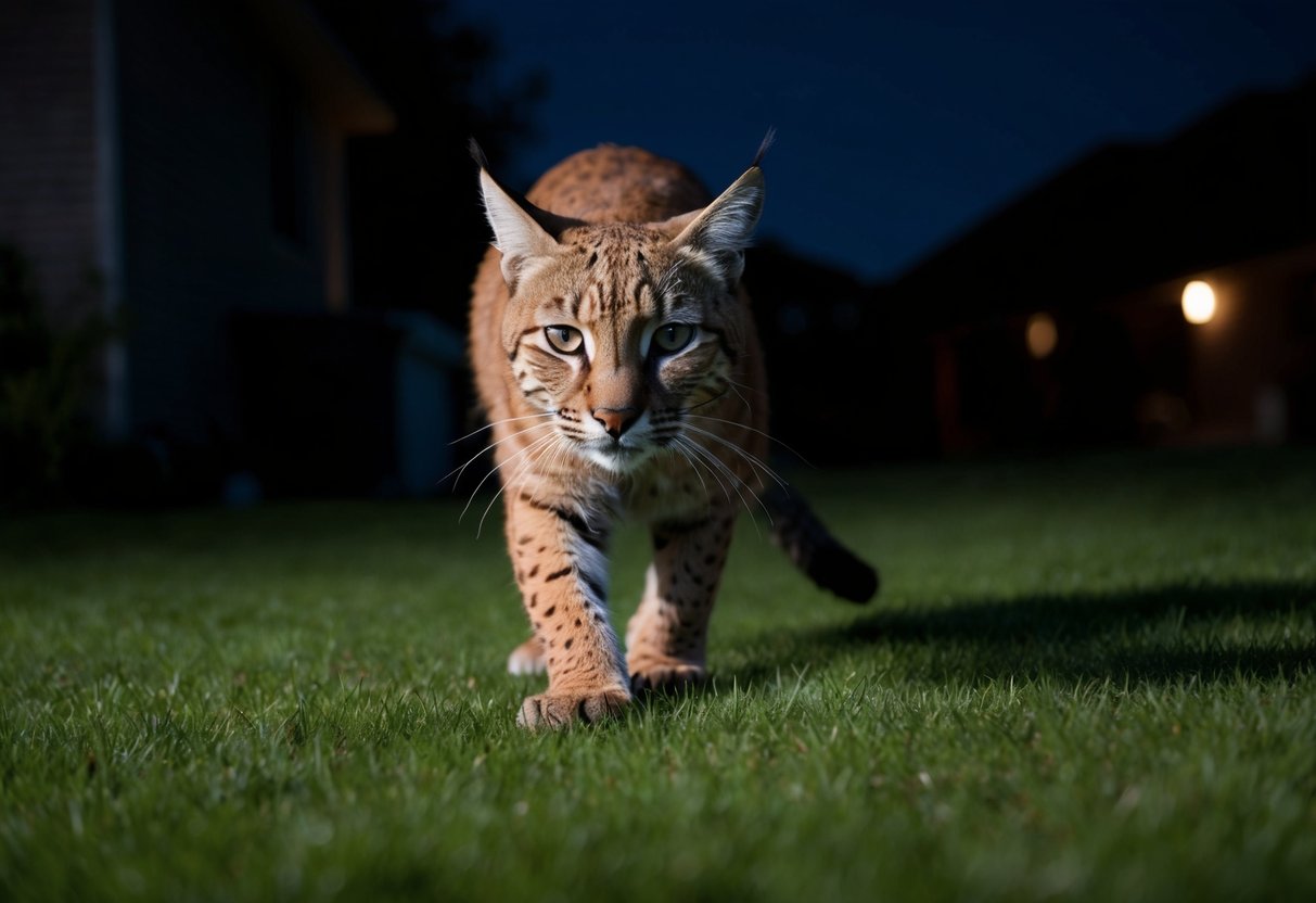 A bobcat prowls through a suburban backyard at night, its eyes gleaming in the darkness as it searches for food