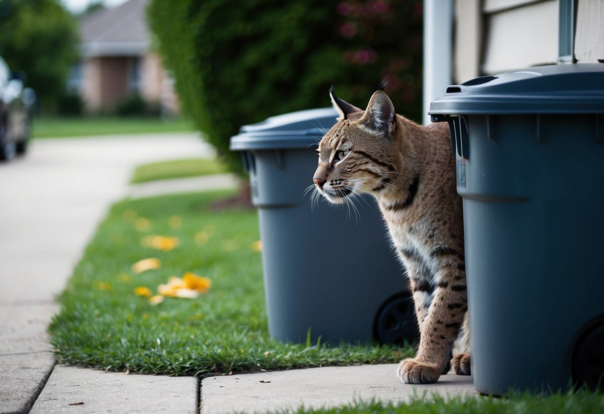 A bobcat lurks near a suburban home, eyeing the trash cans and cautiously observing the surroundings