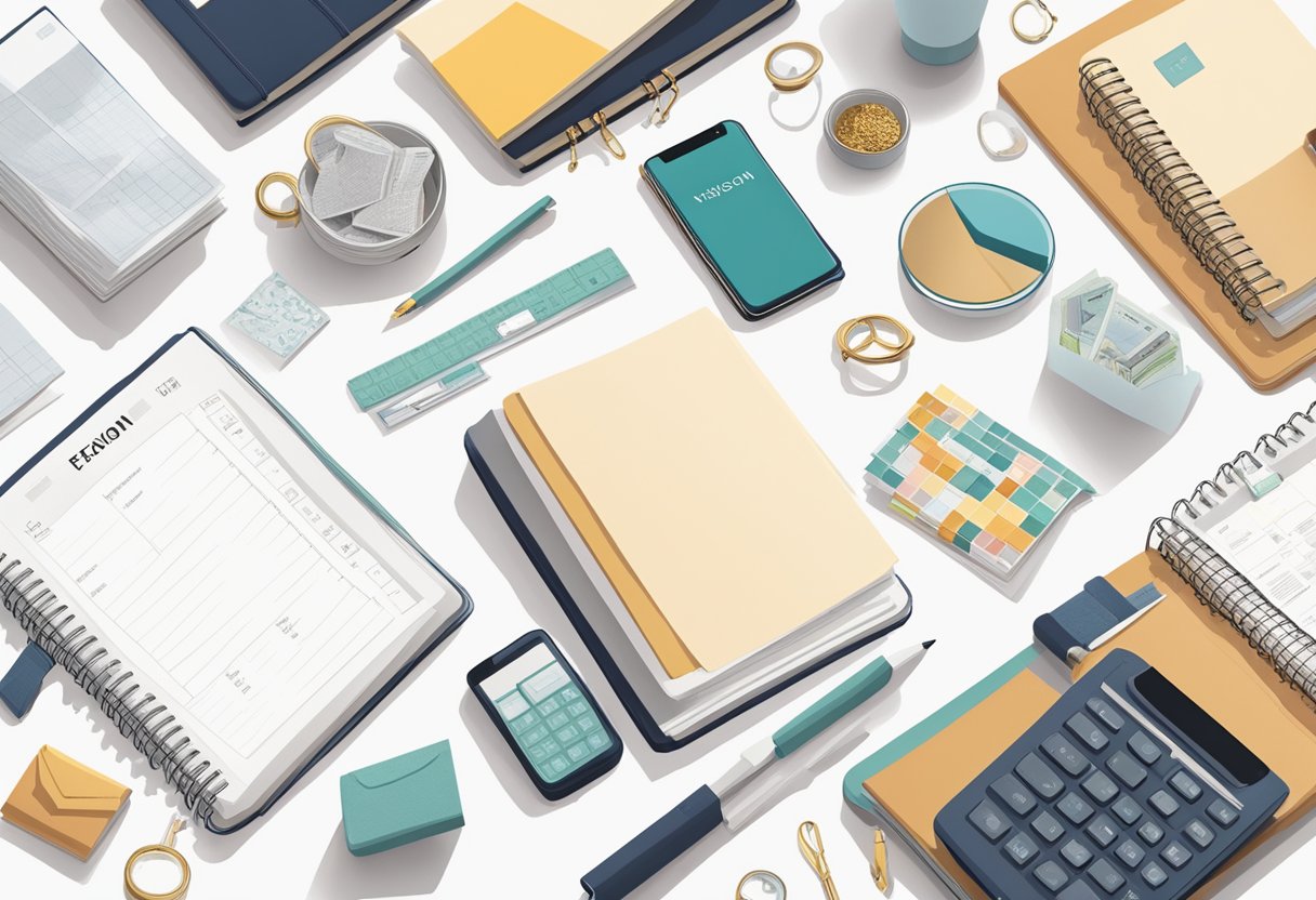 A desk with a neatly organized planner, a stack of financial books, a vision board with images of luxury items, and a clear list of financial goals