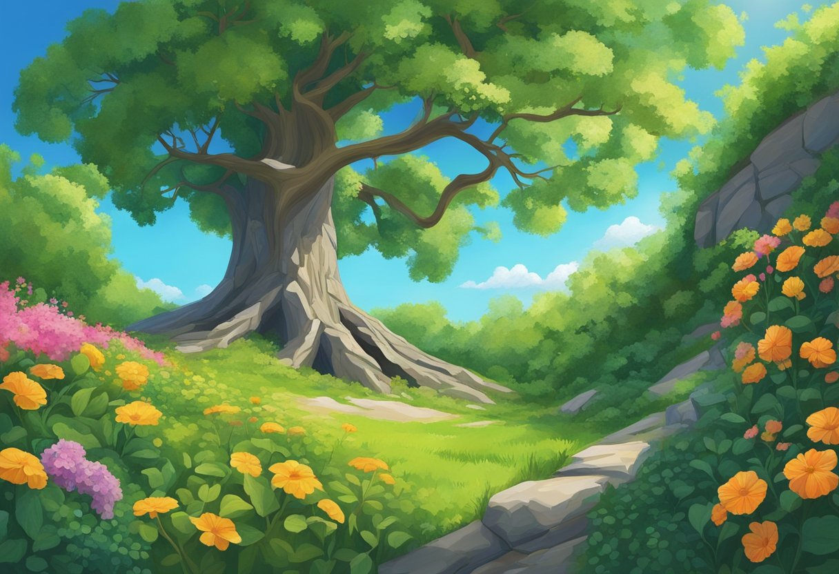 A lush, green landscape with a thriving tree growing from a crack in the ground, surrounded by vibrant flowers and a clear blue sky