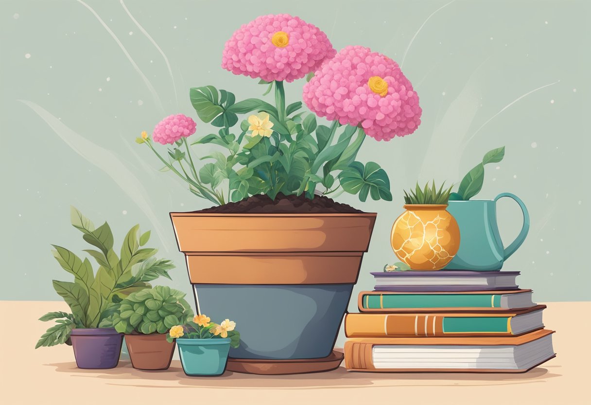 A lush garden with a mix of bare soil and blooming flowers, surrounded by books and a brain-shaped plant growing from a pot