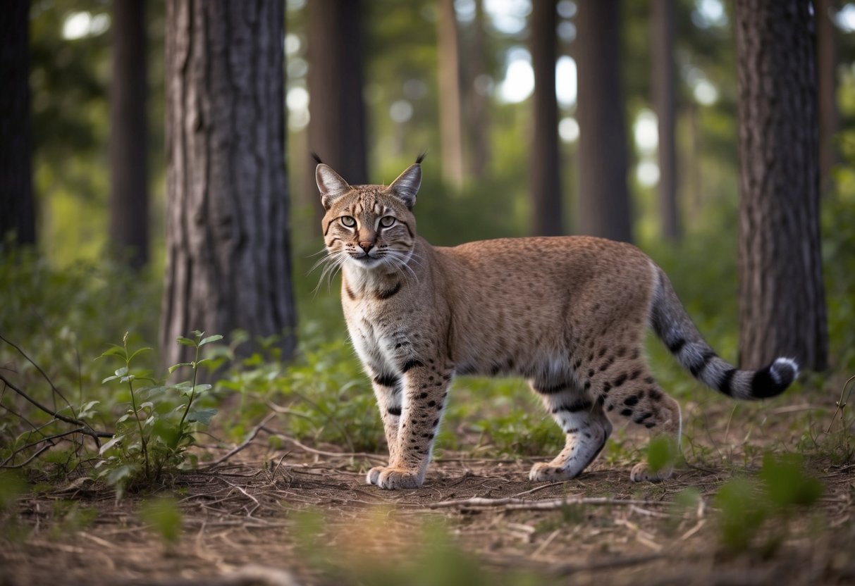 A bobcat standing in a forest clearing, surrounded by tall trees and dense underbrush. It is depicted in its natural habitat, with its size relative to the surrounding environment emphasized