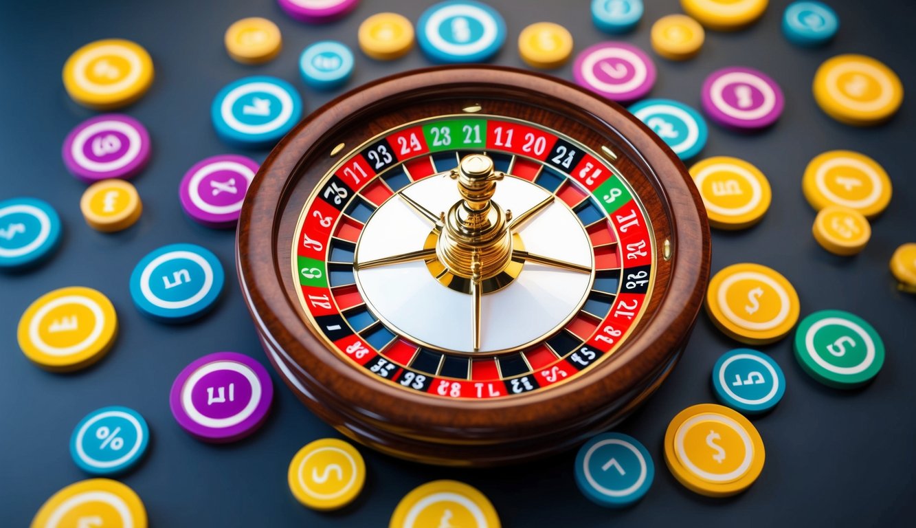 Roda roulette dikelilingi oleh simbol bonus berwarna-warni, menarik pemain baru ke situs permainan online