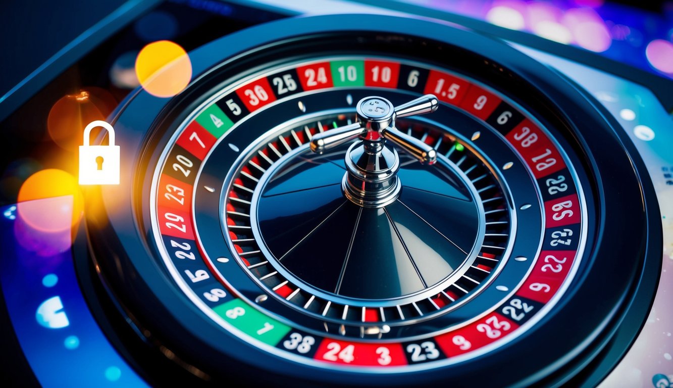 Sebuah roda roulette modern yang ramping berputar di antarmuka digital, dikelilingi oleh grafik yang cerah dan simbol kunci yang aman