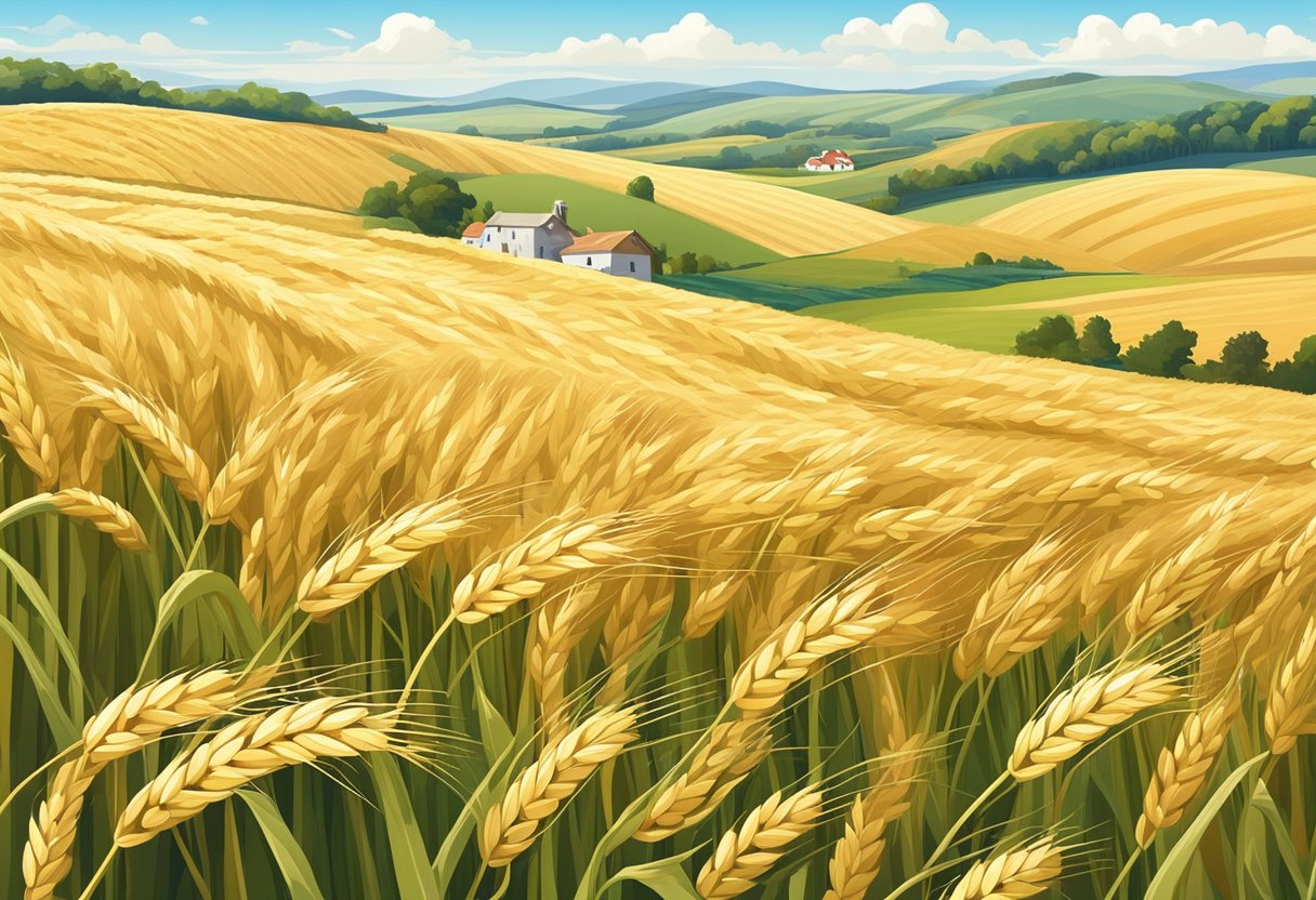 A lush field of golden wheat sways in the breeze under a clear blue sky, surrounded by rolling hills and a distant farmhouse