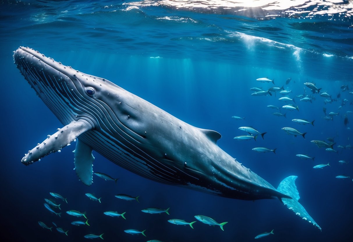 A blue whale swimming in the deep ocean, surrounded by schools of fish and other marine life, with its massive body and distinctive blue-gray coloration