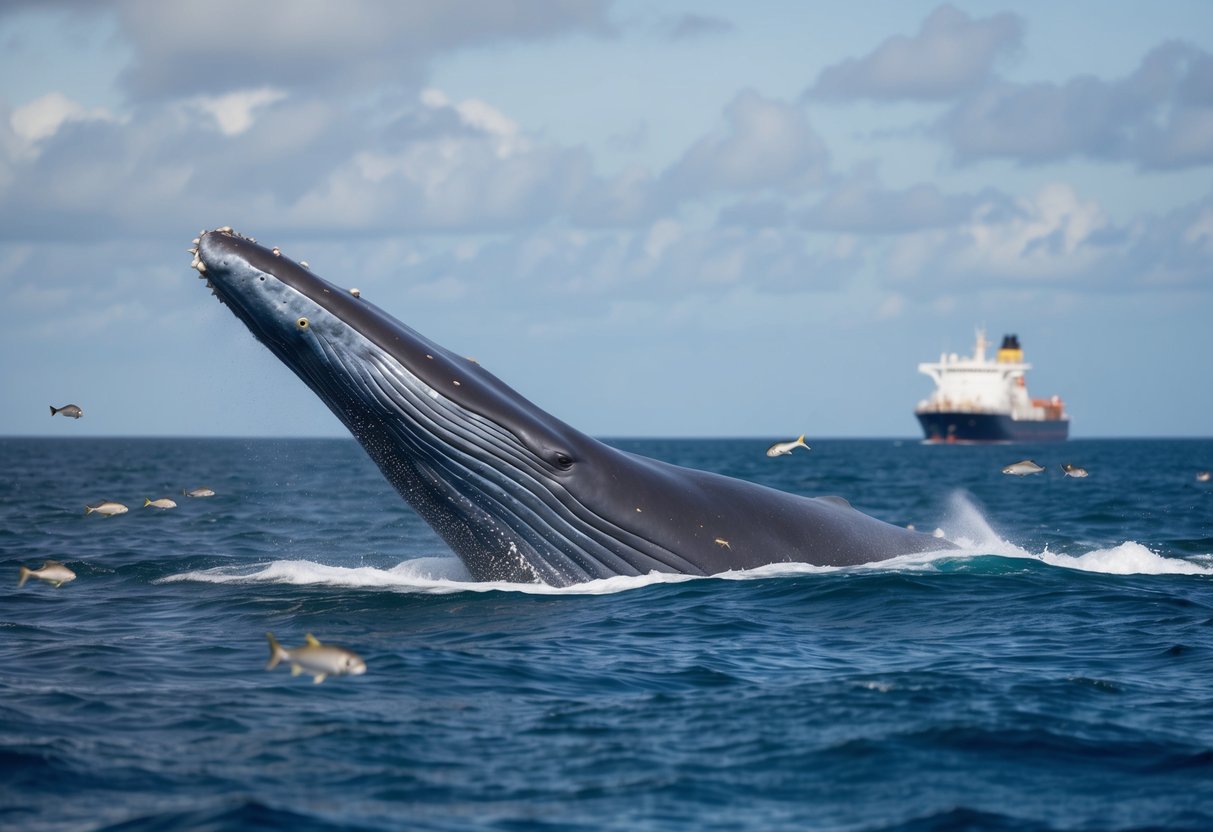 A blue whale swimming in the open ocean, surrounded by smaller fish and marine life, with a ship in the distance