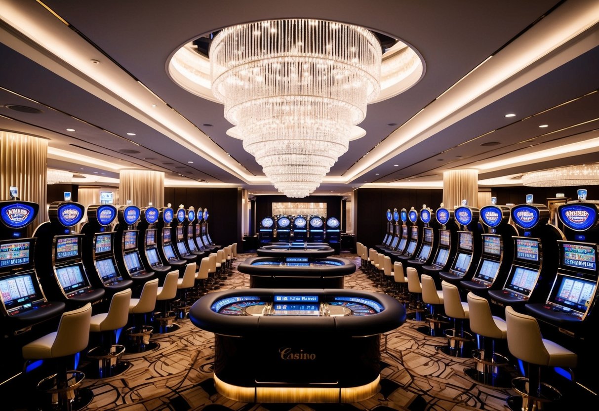 A luxurious casino with sleek, modern decor, featuring rows of slot machines and elegant table games under sparkling chandeliers