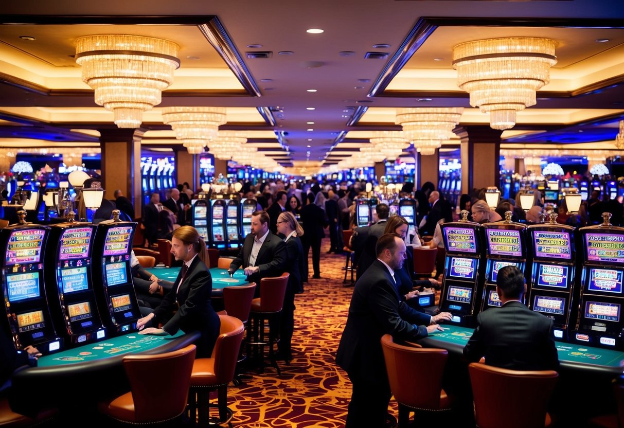 A bustling casino floor with flashing lights, slot machines, and card tables surrounded by eager gamblers and cocktail waitresses