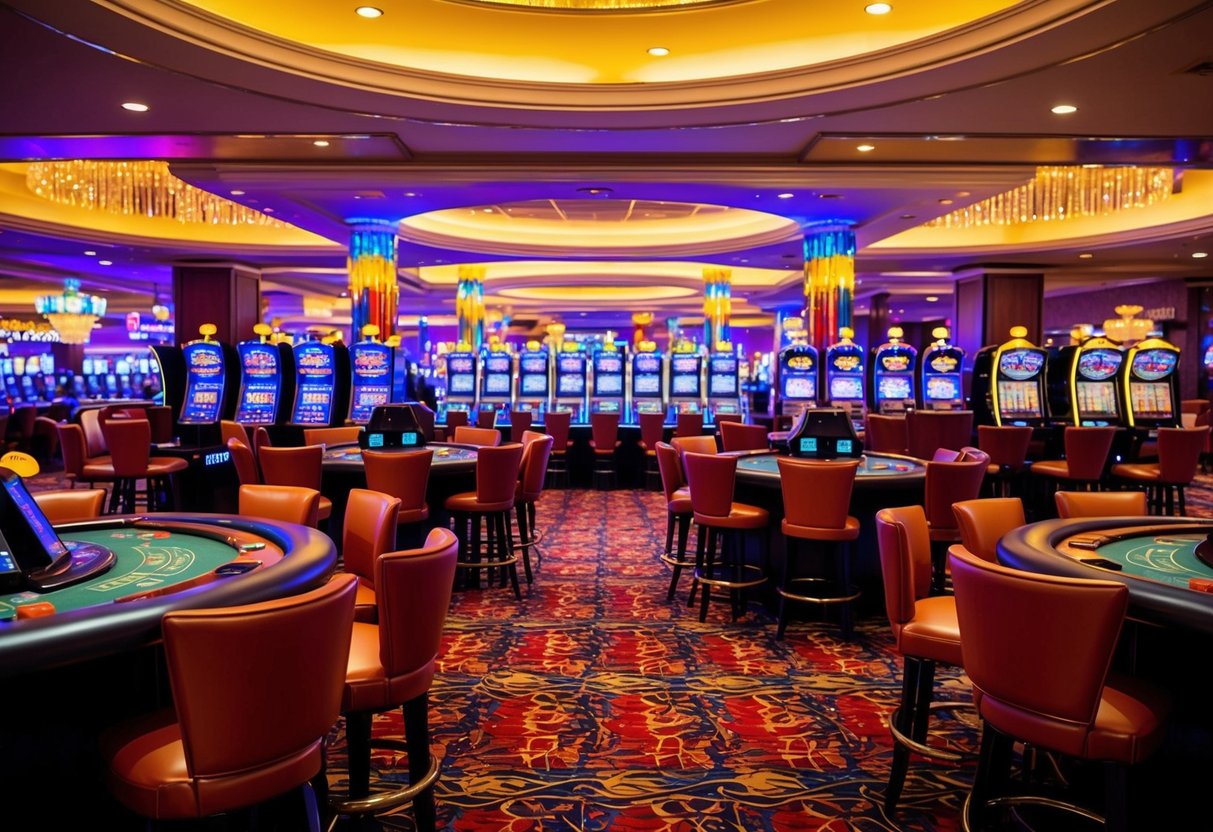 A bustling casino floor with slot machines, card tables, and a lively atmosphere. Bright lights and colorful decor create an exciting and vibrant scene