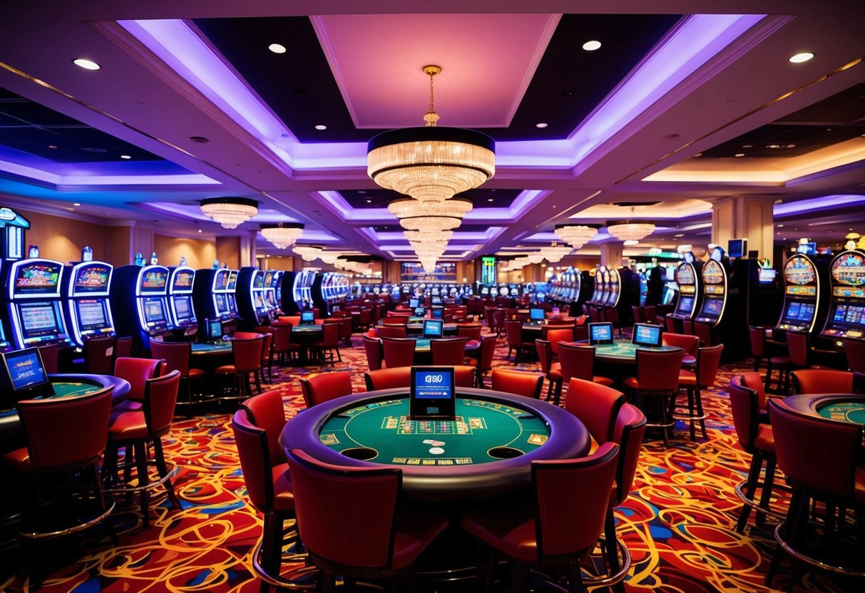 A colorful casino floor with slot machines, card tables, and a bustling atmosphere. Bright lights and a lively vibe fill the space