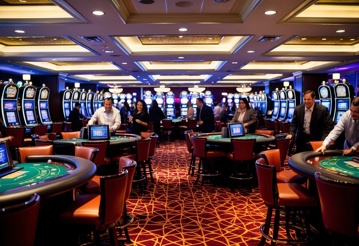 A bustling casino floor with flashing slot machines and lively card tables, surrounded by excited and engaged patrons