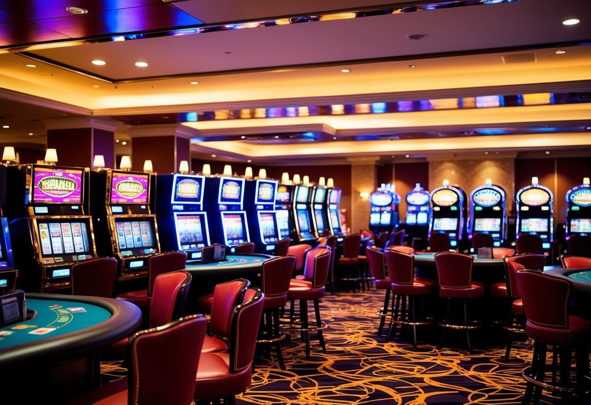 A bustling casino floor with colorful slot machines and card tables, surrounded by flashing lights and a lively atmosphere