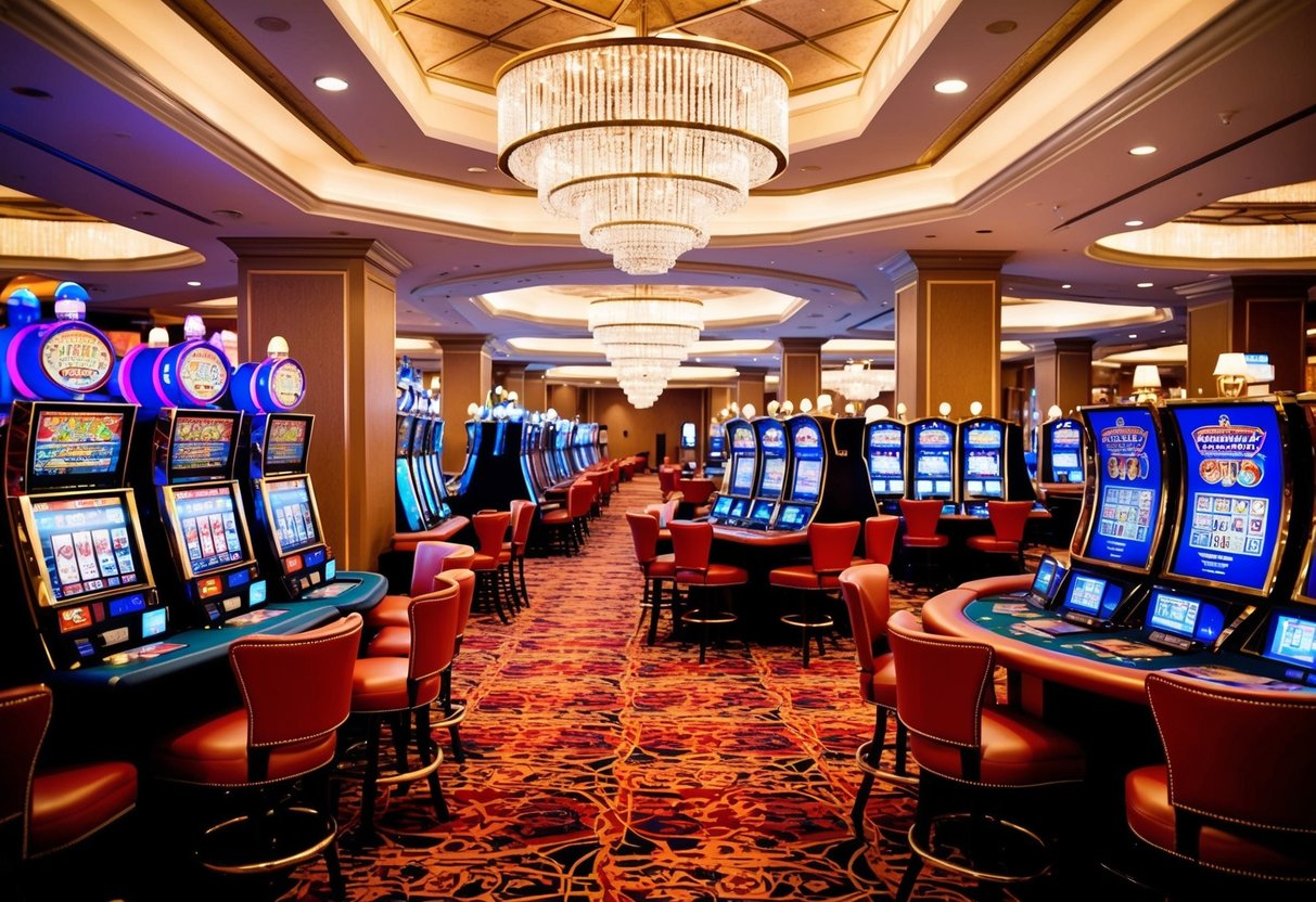 A bustling casino floor with colorful slot machines, elegant card tables, and a lively atmosphere filled with excitement and anticipation