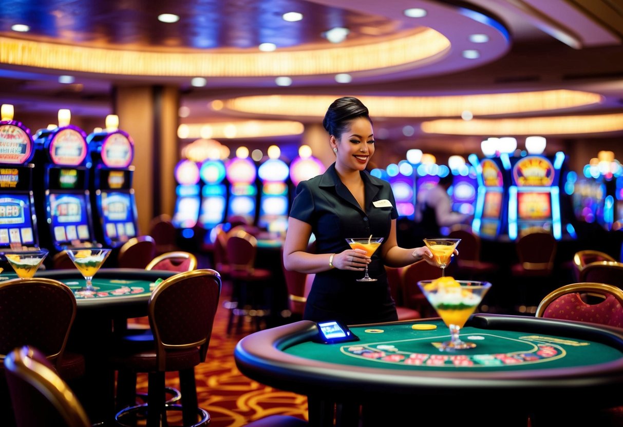 A bustling casino floor with slot machines, card tables, and a vibrant atmosphere. A cocktail waitress serves drinks to patrons as they try their luck