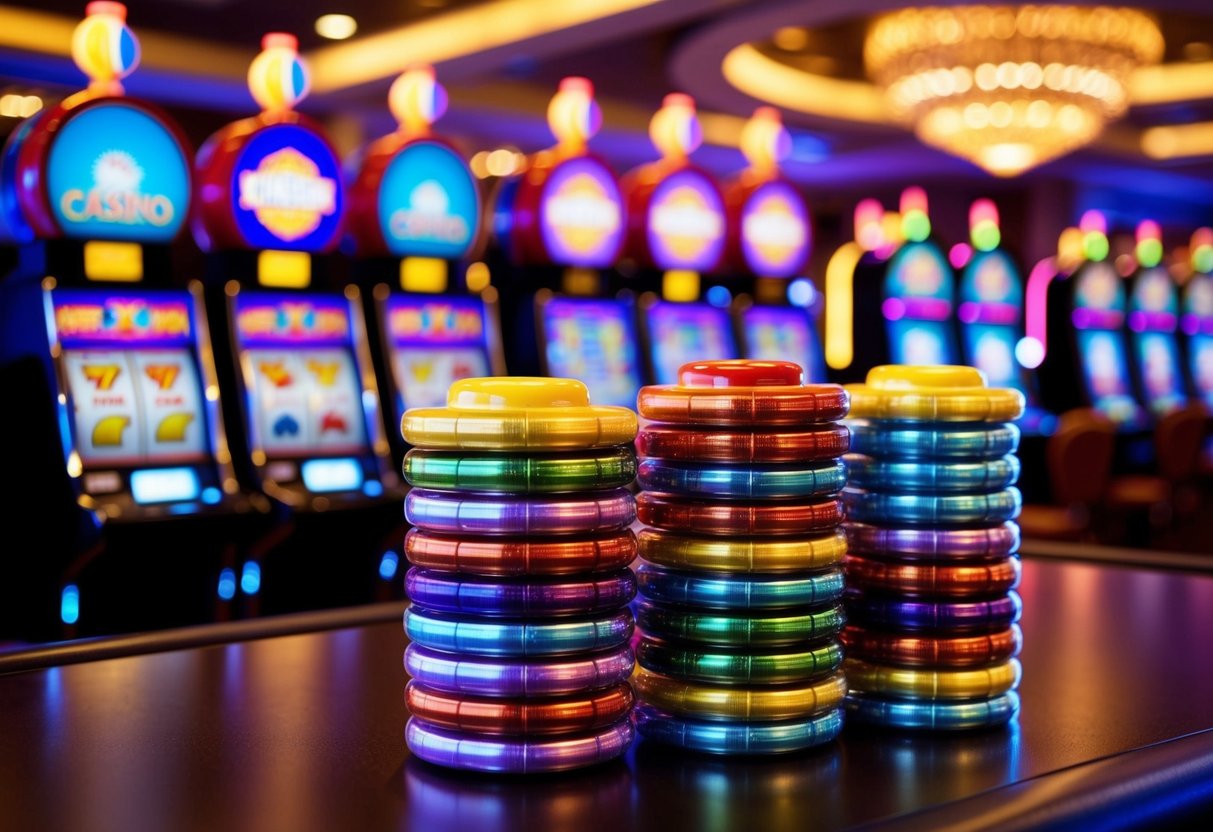 A colorful casino with spinning reels, bright lights, and stacks of candy-themed slot machines