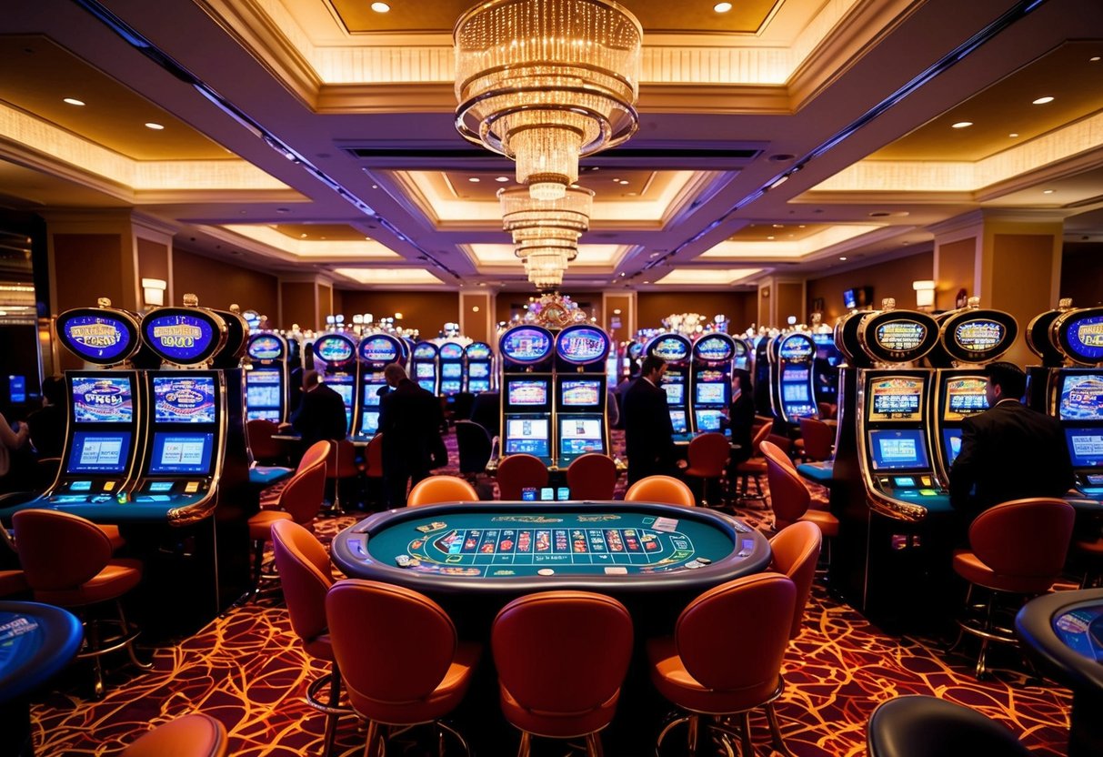 A vibrant casino floor with slot machines, card tables, and a roulette wheel surrounded by eager players and flashing lights