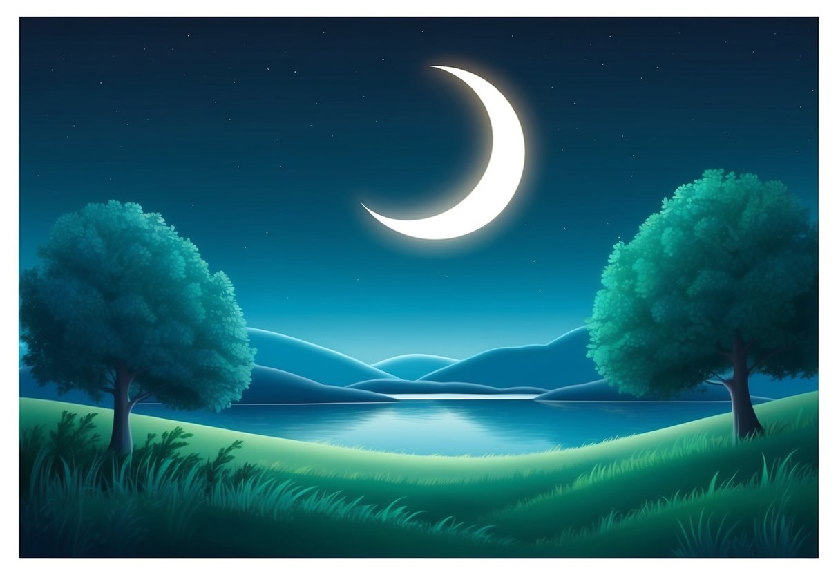 A tranquil night sky with a crescent moon casting a soft glow over a peaceful, sleeping landscape