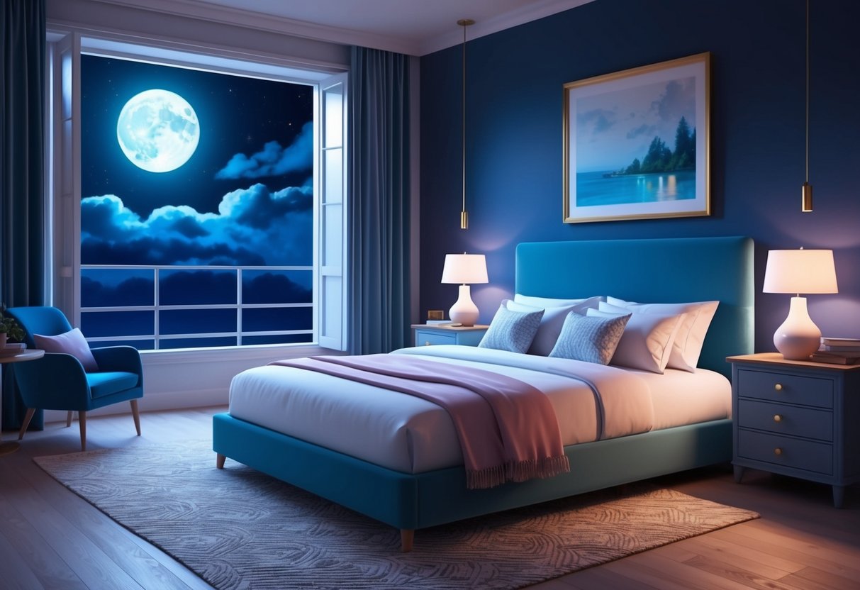 A serene bedroom at night, with a moonlit window and a cozy bed