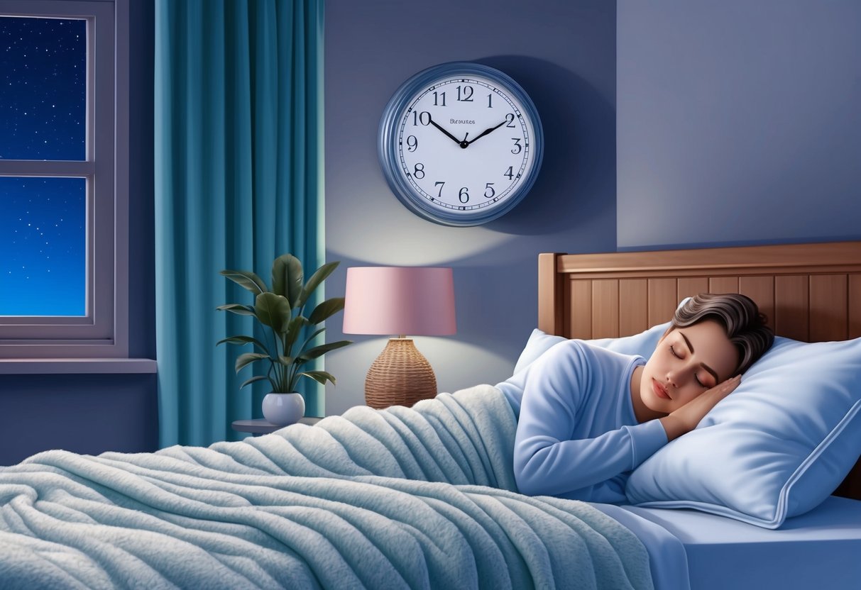 A serene bedroom with a clock showing late evening, a cozy bed, and a person peacefully sleeping with a serene expression