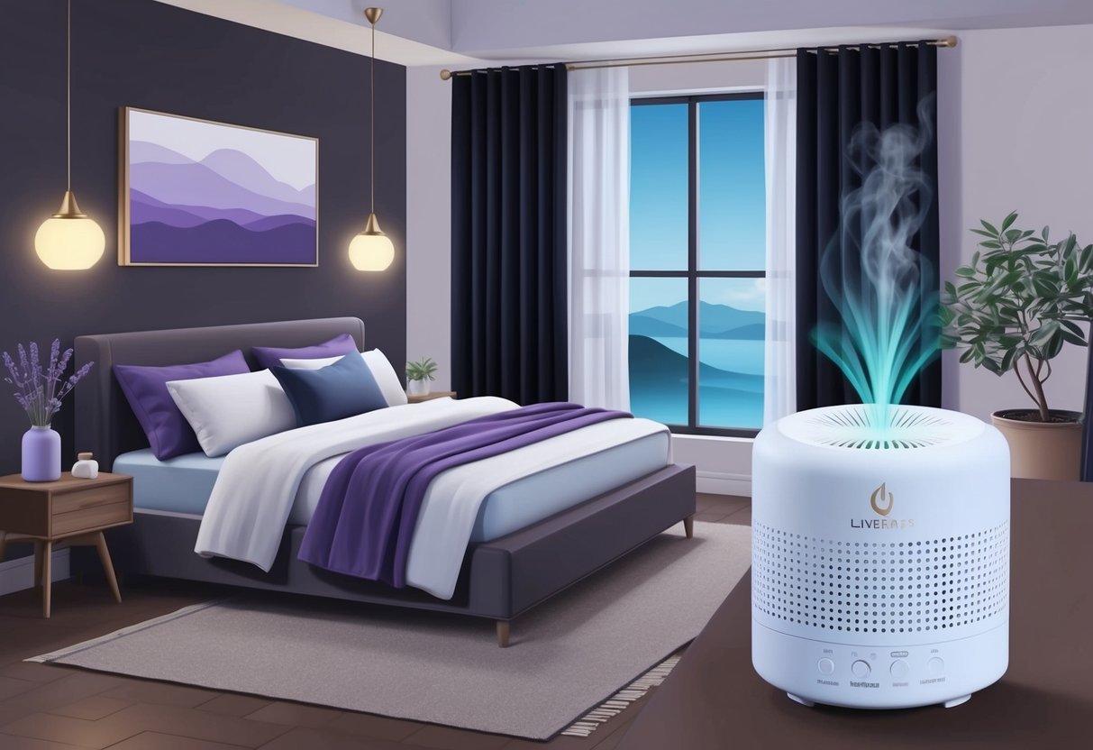 A serene bedroom with dim lighting, a cozy bed, blackout curtains, a lavender-scented diffuser, and a soothing white noise machine