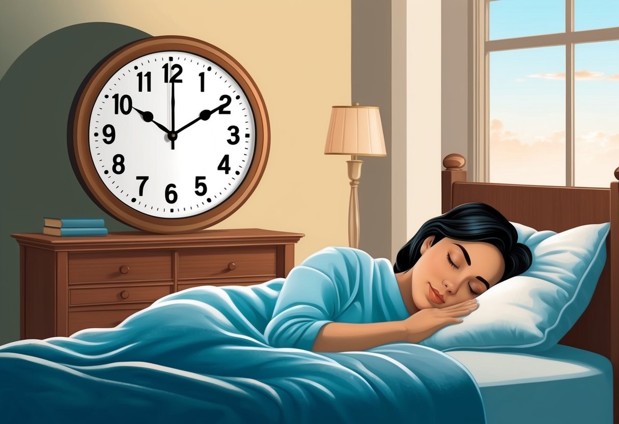 A clock showing a late afternoon time, a cozy bed, and a person lying down with their eyes closed