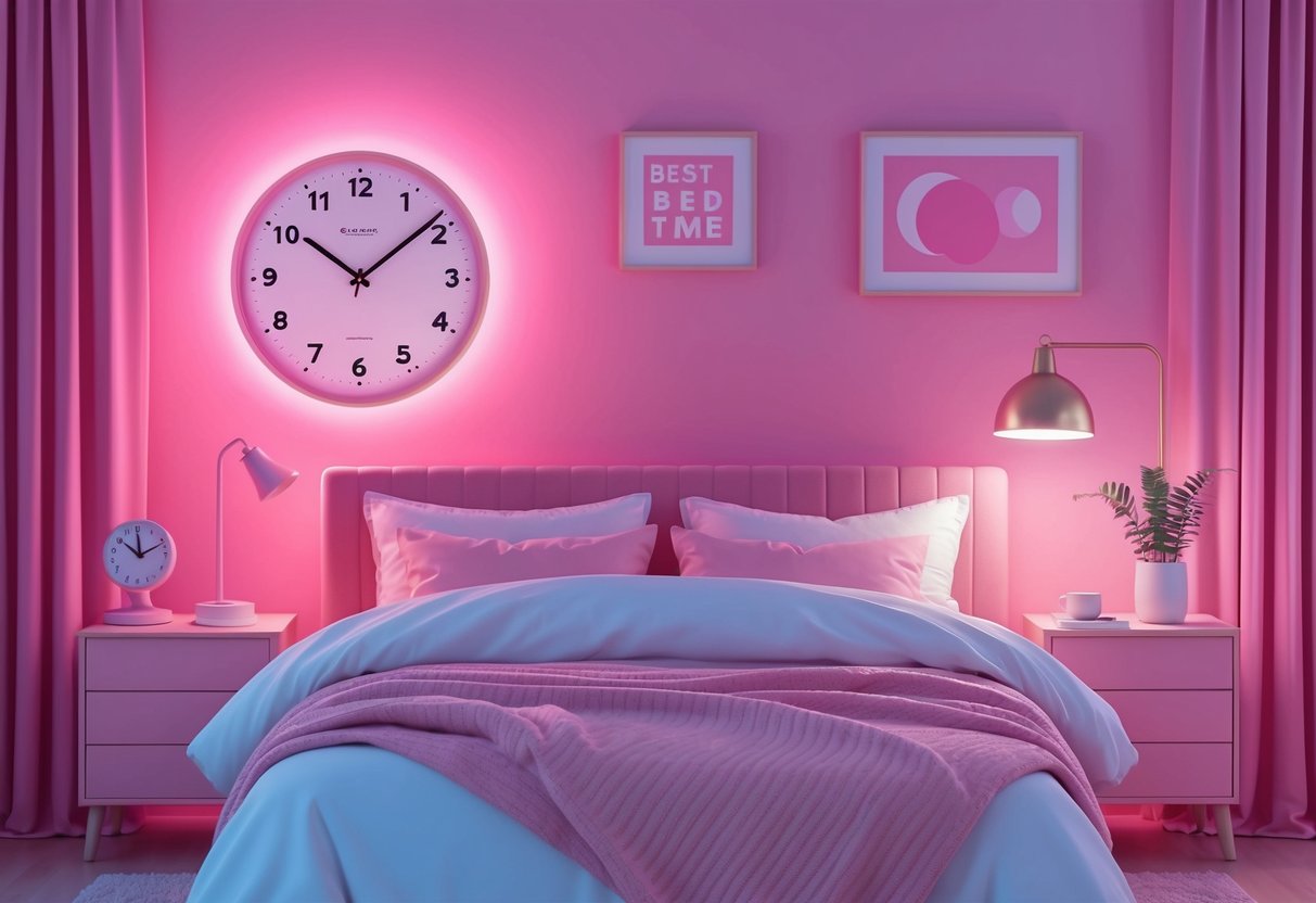 A cozy bedroom with a soft pink glow, a clock showing the best bedtime, and a soothing sound of pink noise in the background