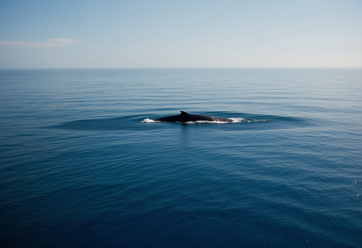 A vast, empty ocean with a single silhouette of a blue whale disappearing into the depths