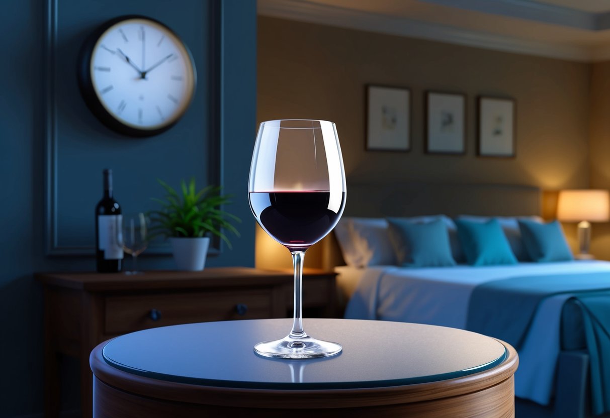 A glass of wine sits untouched on a bedside table, as a clock on the wall shows the late evening hour. The room is dimly lit, with a cozy bed in the background